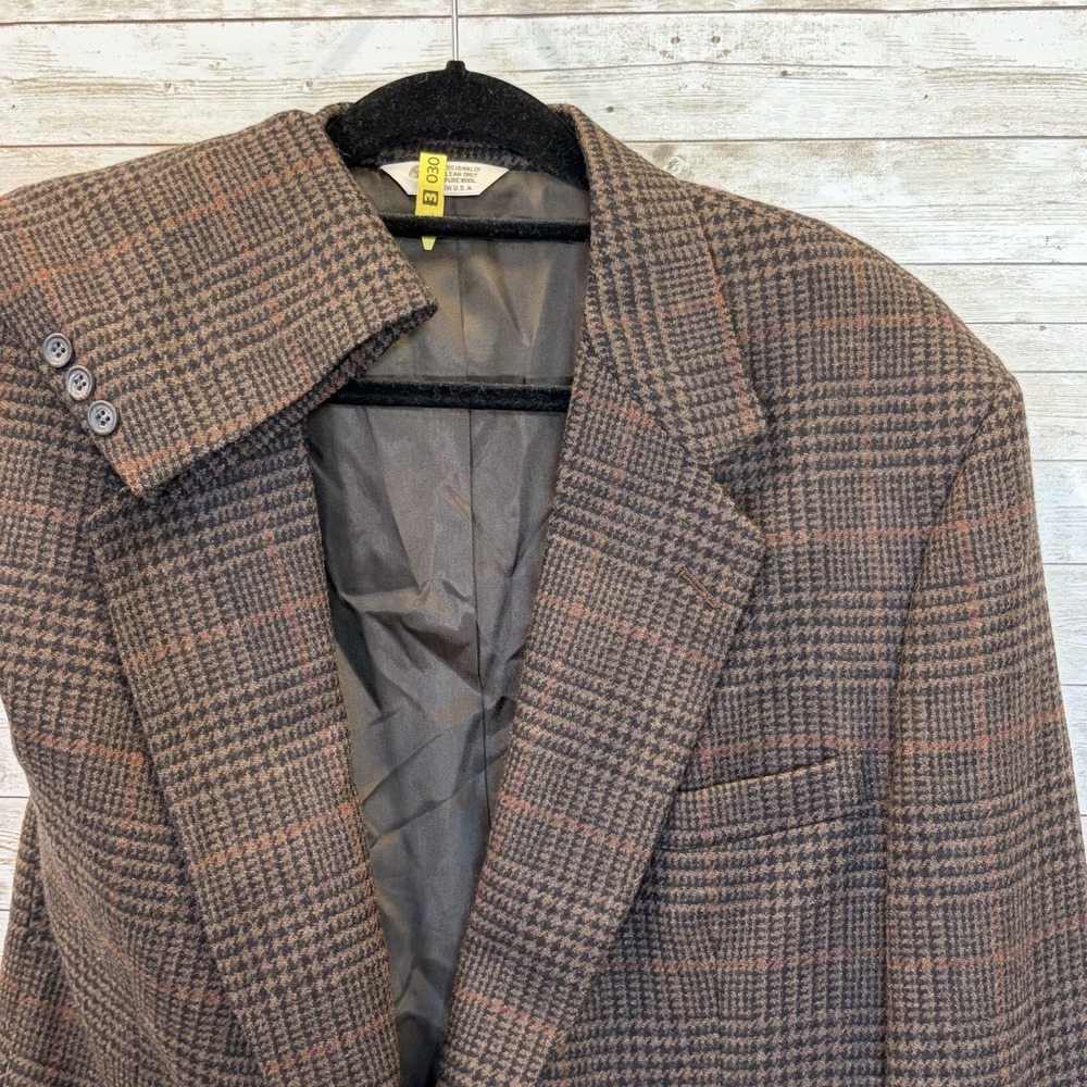 Vtg 80s Casual Options Mens 46R Blazer‎ Brown Wool Glen Plaid Tweed Made in USA
